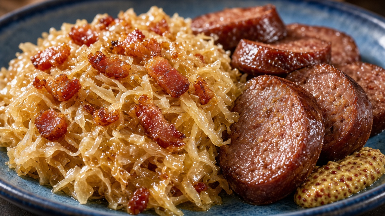 Close-up of sliced Kiolbassa, bacon lardons, braised sauerkraut, and whole-grain mustard