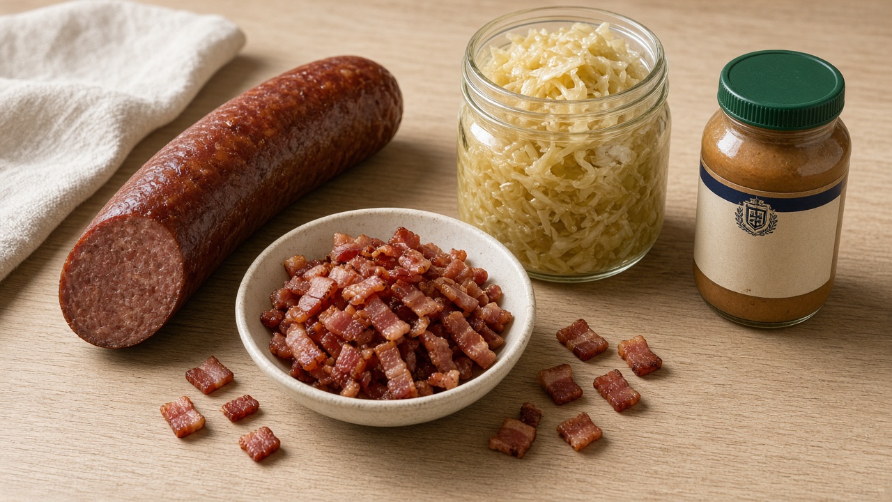 Mise en place: Kiolbassa kielbasa, chopped bacon, Wildbrine sauerkraut jar, and Grey Poupon Dijon