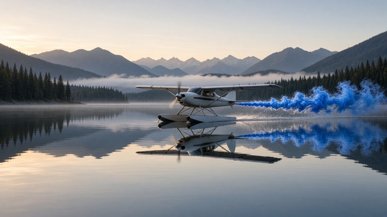 MT-Tech Boy daydream — Laminar Break: high-wing plane over a dawn alpine lake with cobalt dye in the slipstream