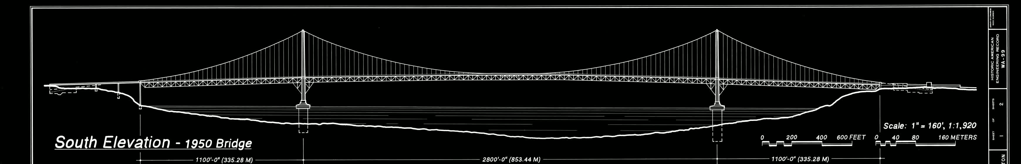 HAER south elevation of the 1950 Tacoma Narrows Bridge