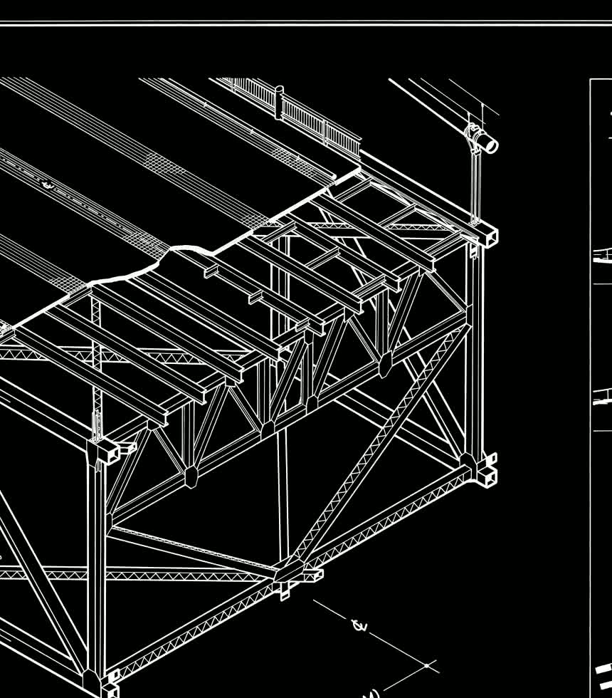 Axonometric of the 1950 roadway showing an open stiffening truss