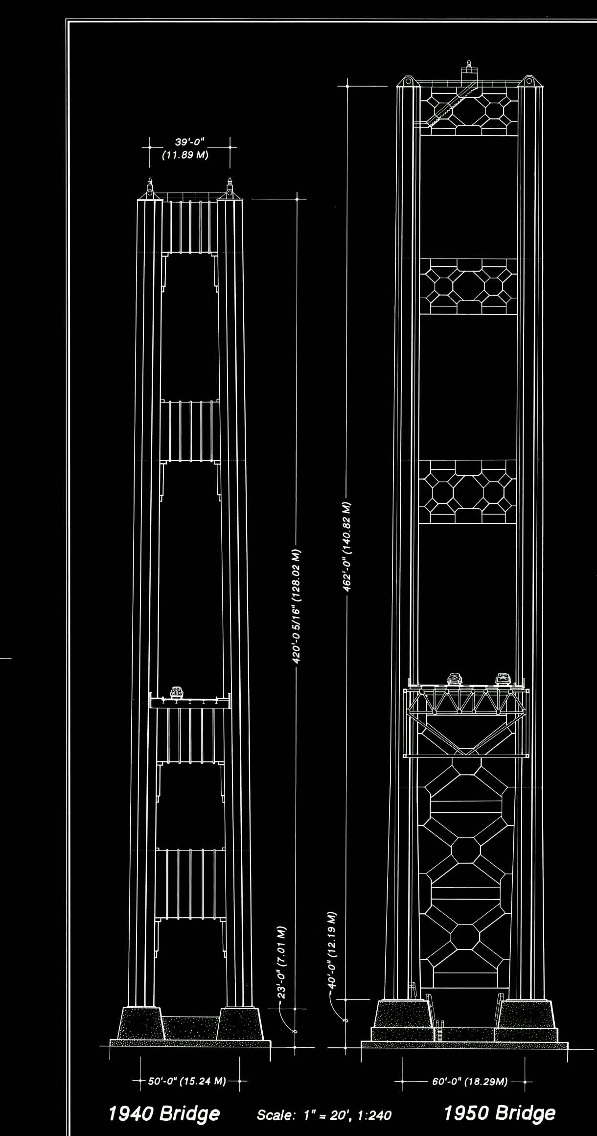 HAER tower elevations, 1940 vs 1950 Tacoma Narrows Bridge