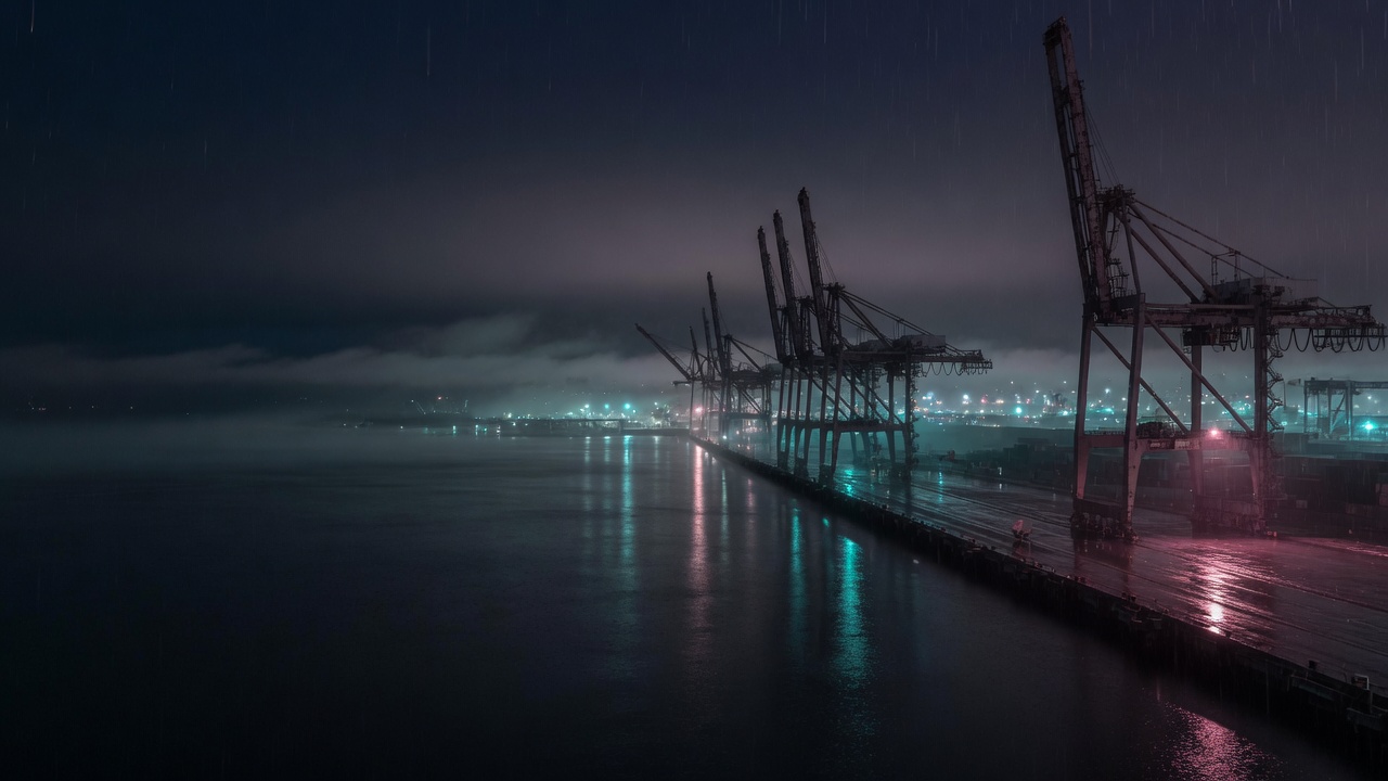 Commencement Bay cranes in rain and fog