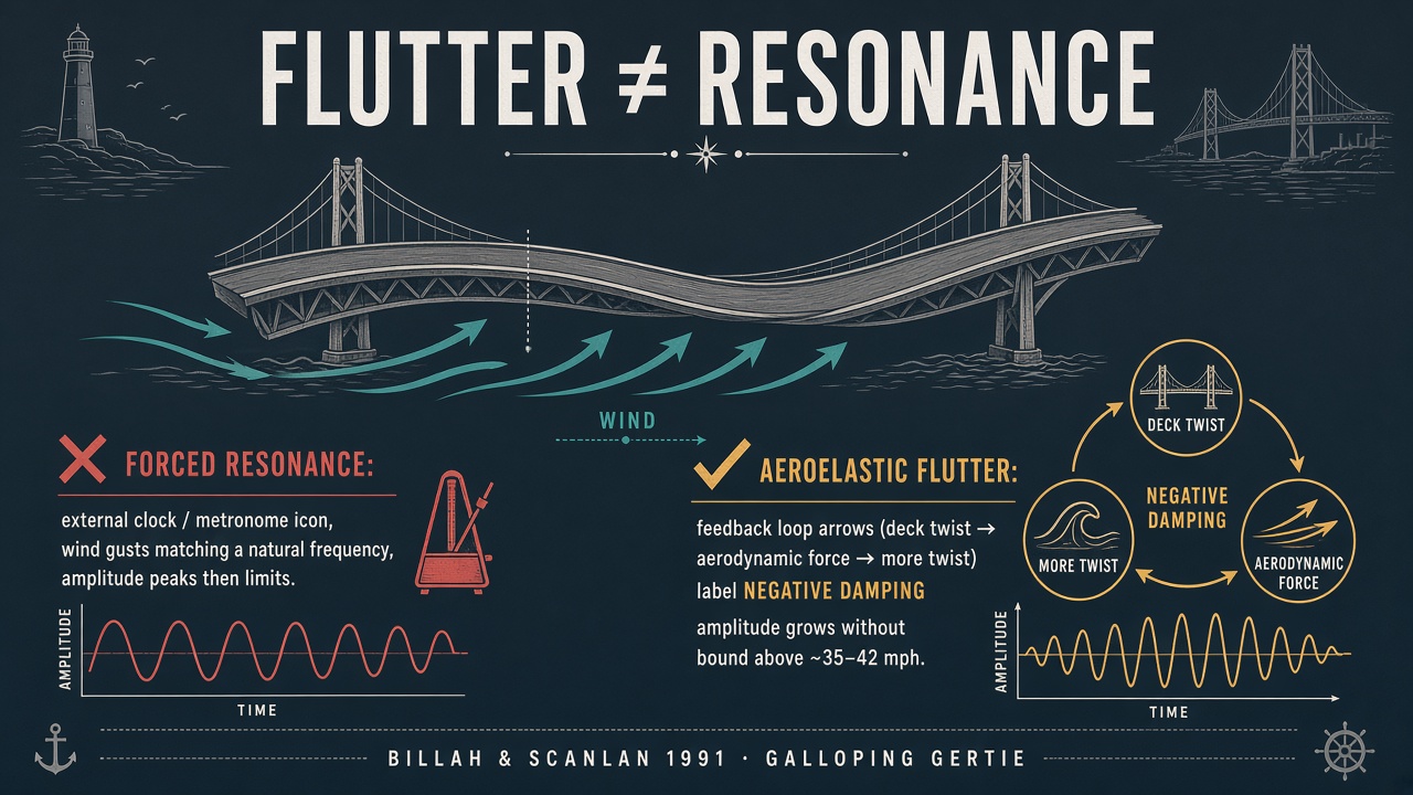 Diagram: forced resonance vs aeroelastic flutter for Galloping Gertie